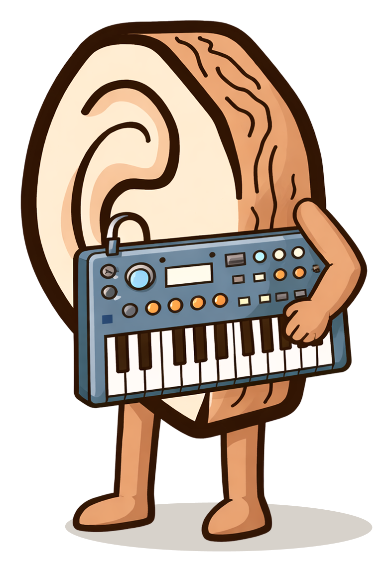 Rackears character holding a synthesizer